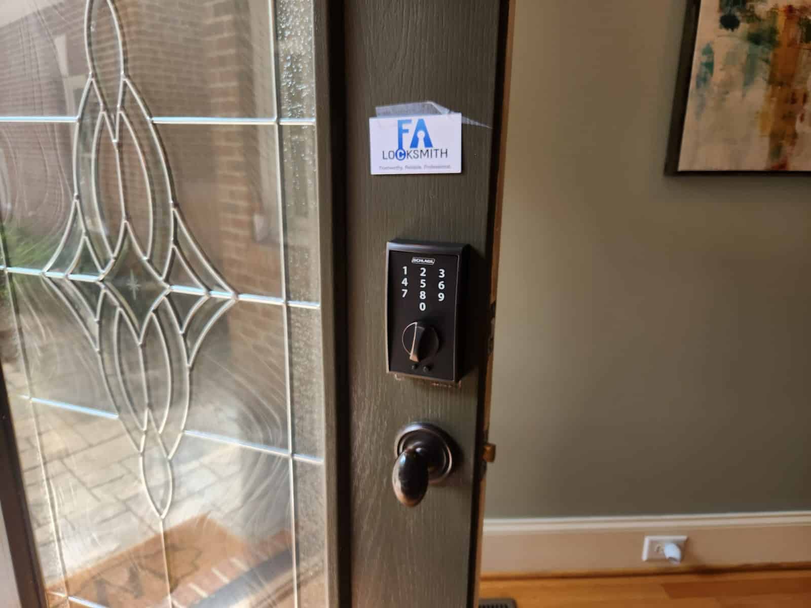 keypad lock installed on a residential wood door by FA Locksmith
